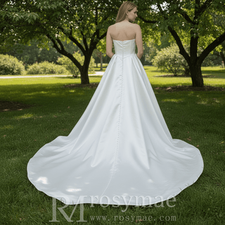 Elegant Satin A-line Wedding Dress with Boat Neckline - Rosymae