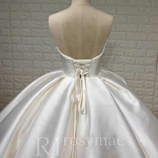 Elegant Satin Ball Gown Wedding Dress with Asymmetrical Neckline - Rosymae