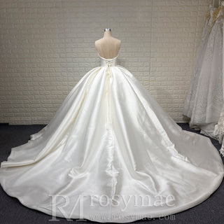 Elegant Satin Ball Gown Wedding Dress with Asymmetrical Neckline - Rosymae