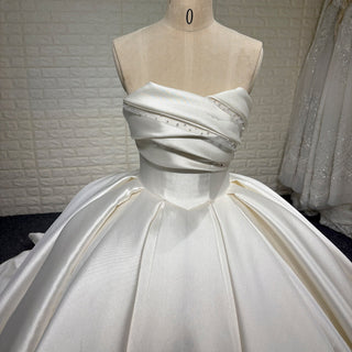 Elegant Satin Ball Gown Wedding Dress with Asymmetrical Neckline - Rosymae
