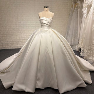 Elegant Satin Ball Gown Wedding Dress with Asymmetrical Neckline - Rosymae