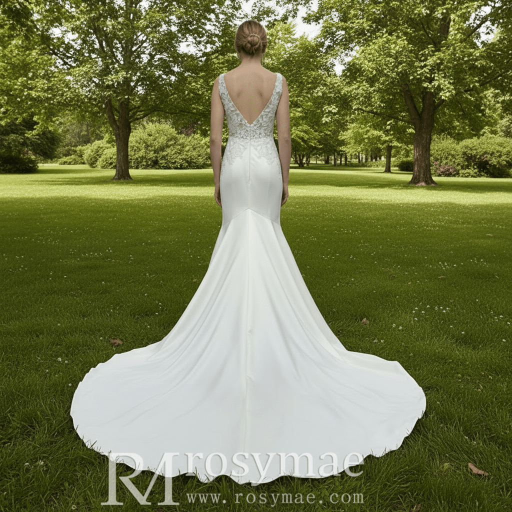 Elegant Satin Fit and Flare Wedding Dress with Vneck - Rosymae