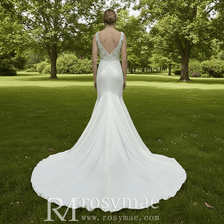 Elegant Satin Fit and Flare Wedding Dress with Vneck - Rosymae