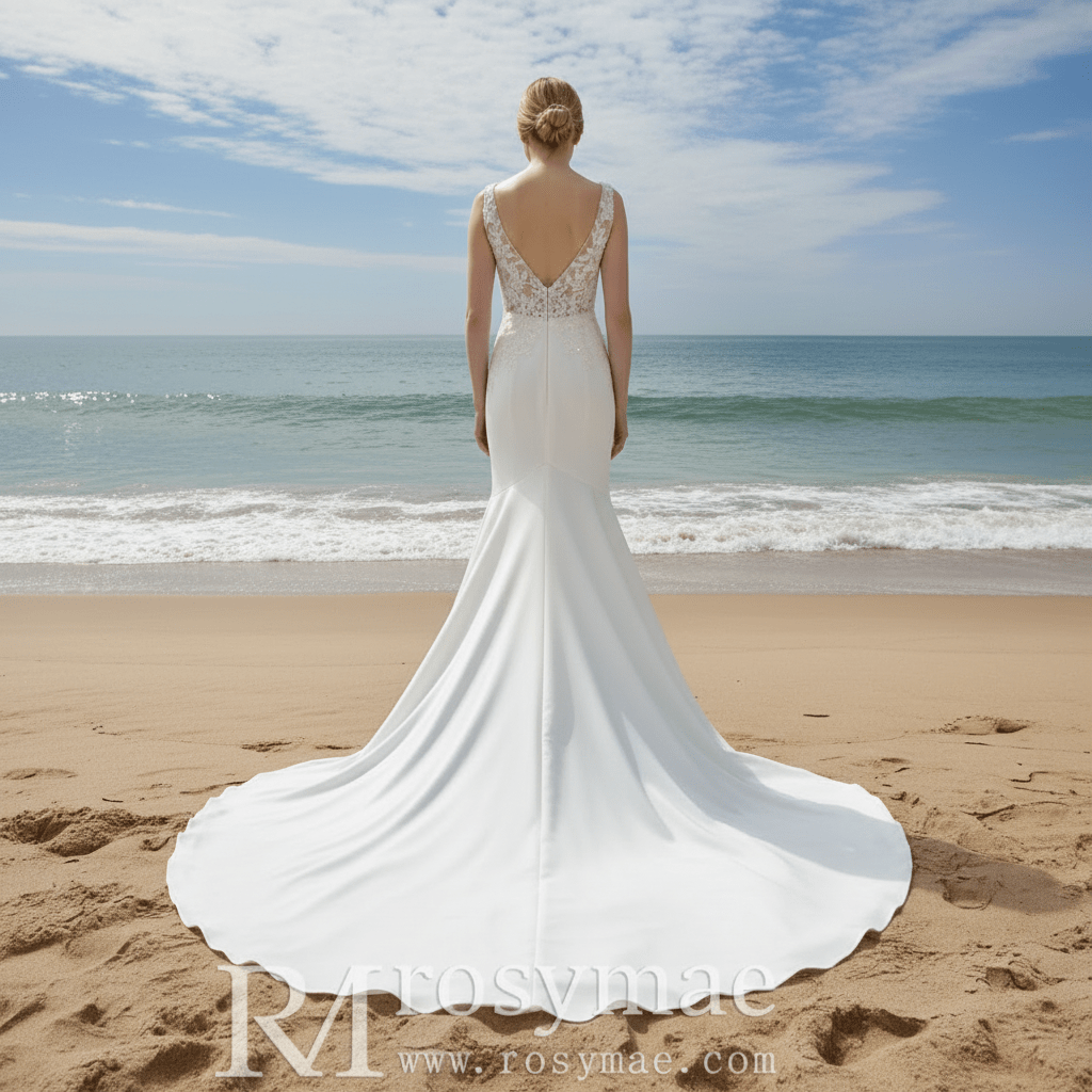 Elegant Satin Fit and Flare Wedding Dress with Vneck - Rosymae