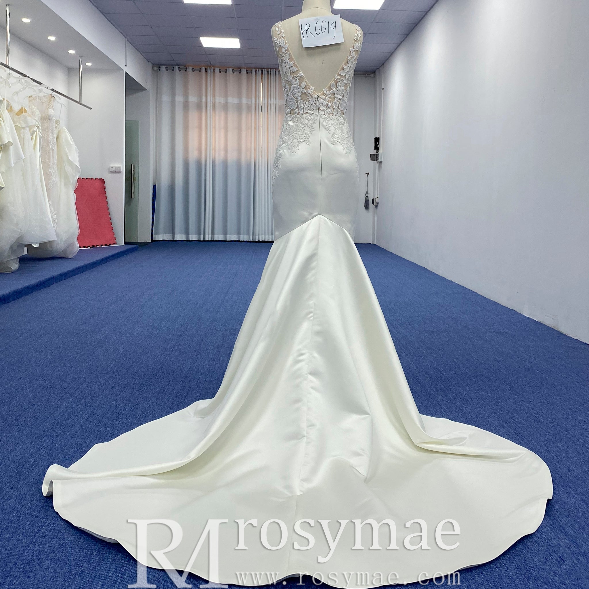 Elegant Satin Fit and Flare Wedding Dress with Vneck - Rosymae