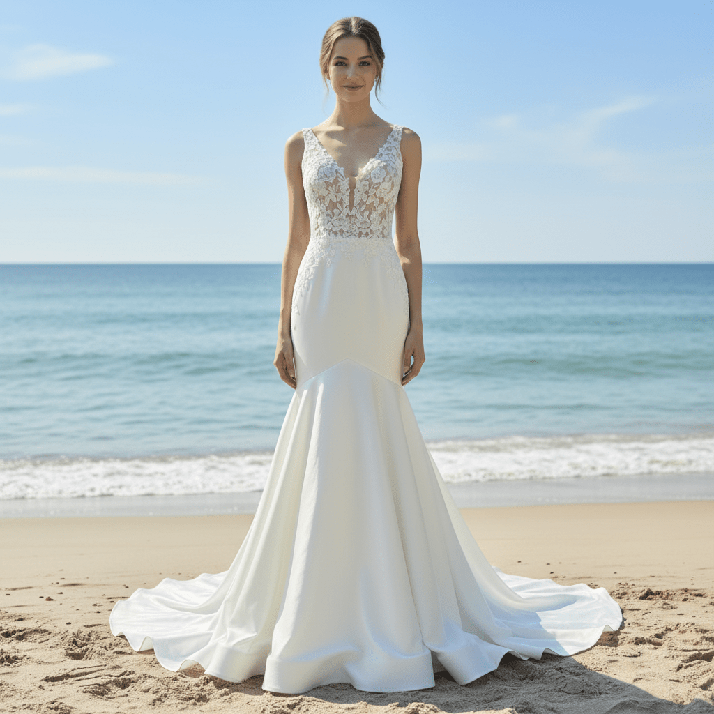 Elegant Satin Fit and Flare Wedding Dress with Vneck - Rosymae