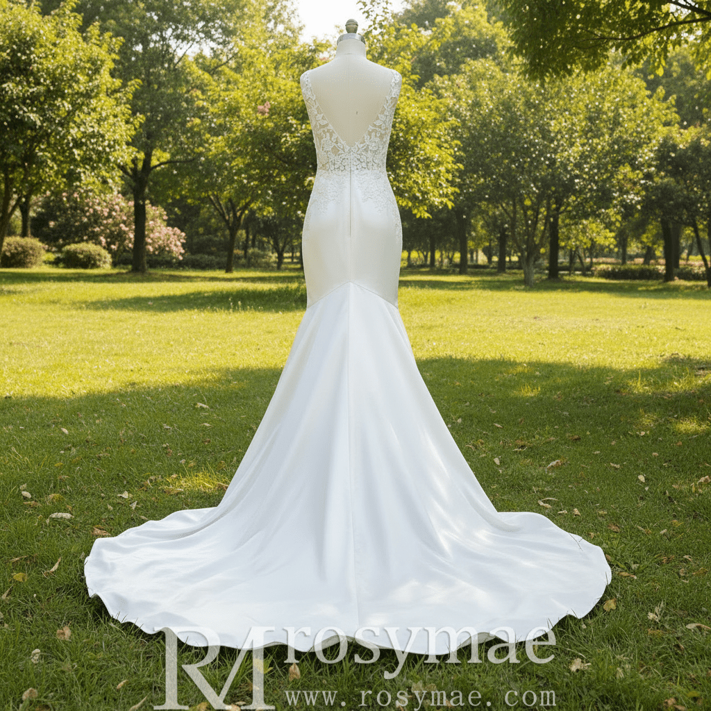 Elegant Satin Fit and Flare Wedding Dress with Vneck - Rosymae