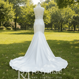 Elegant Satin Fit and Flare Wedding Dress with Vneck - Rosymae