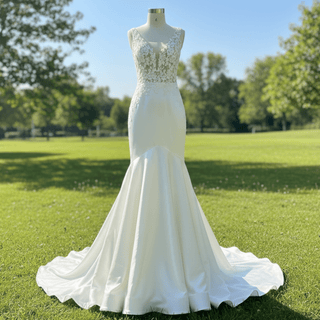 Elegant Satin Fit and Flare Wedding Dress with Vneck - Rosymae