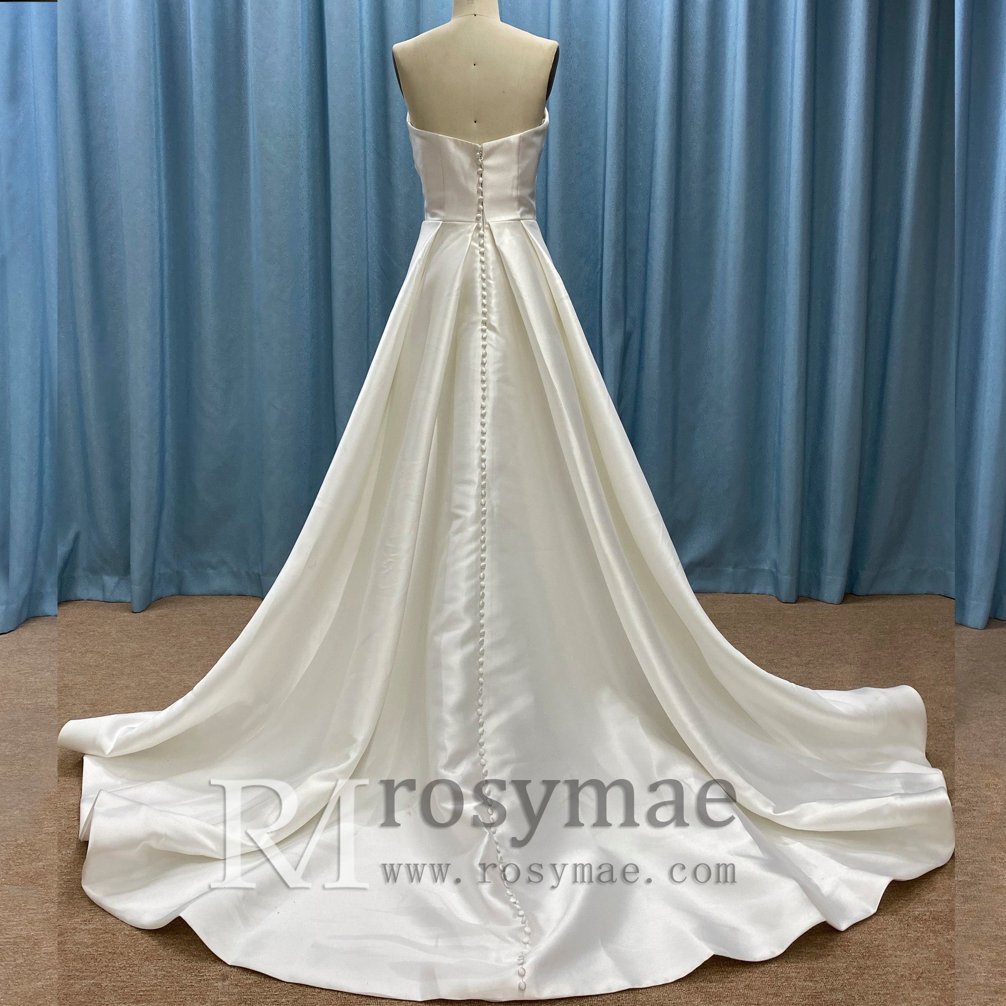 Elegant Satin Ruched Strapless Wedding Dress with Vneck for Bride - Rosymae
