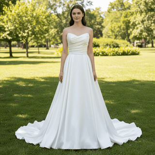Elegant Satin Ruched Strapless Wedding Dress with Vneck for Bride - Rosymae