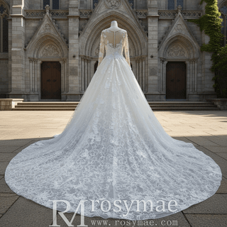 Elegant Scoop Luxury Lace Ball Gown Wedding Dress with Long Sleeve - Rosymae