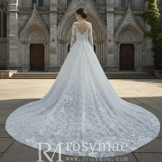 Elegant Scoop Luxury Lace Ball Gown Wedding Dress with Long Sleeve - Rosymae