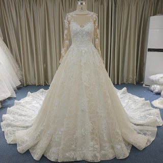 Elegant Scoop Luxury Lace Ball Gown Wedding Dress with Long Sleeve - Rosymae