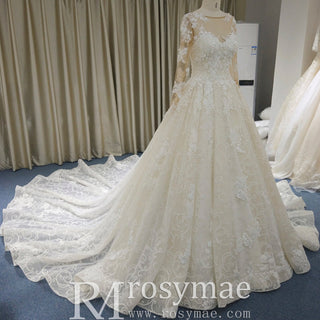 Elegant Scoop Luxury Lace Ball Gown Wedding Dress with Long Sleeve - Rosymae