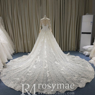 Elegant Scoop Luxury Lace Ball Gown Wedding Dress with Long Sleeve - Rosymae