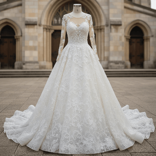 Elegant Scoop Luxury Lace Ball Gown Wedding Dress with Long Sleeve - Rosymae
