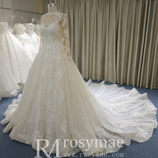 Elegant Scoop Luxury Lace Ball Gown Wedding Dress with Long Sleeve - Rosymae