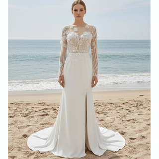 Elegant Sheer Long Sleeves Wedding Dresses & Gowns with Leg Slit - Rosymae