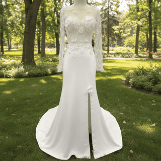 Elegant Sheer Long Sleeves Wedding Dresses & Gowns with Leg Slit - Rosymae