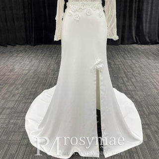 Elegant Sheer Long Sleeves Wedding Dresses & Gowns with Leg Slit - Rosymae