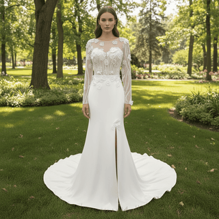 Elegant Sheer Long Sleeves Wedding Dresses & Gowns with Leg Slit - Rosymae