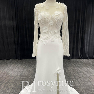Elegant Sheer Long Sleeves Wedding Dresses & Gowns with Leg Slit - Rosymae
