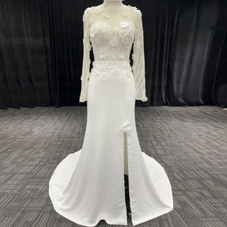 Elegant Sheer Long Sleeves Wedding Dresses & Gowns with Leg Slit - Rosymae