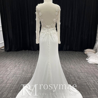 Elegant Sheer Long Sleeves Wedding Dresses & Gowns with Leg Slit - Rosymae
