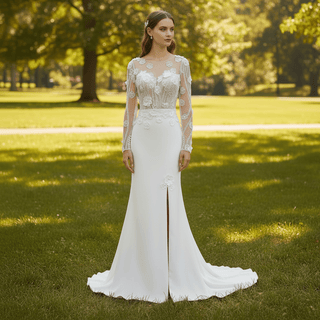 Elegant Sheer Long Sleeves Wedding Dresses & Gowns with Leg Slit - Rosymae