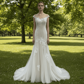 Elegant Sheer Neck Mermaid Wedding Dress with Cap Sleeve for Bride - Rosymae