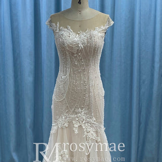 Elegant Sheer Neck Mermaid Wedding Dress with Cap Sleeve for Bride - Rosymae