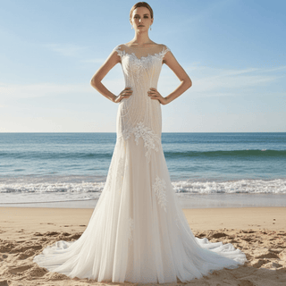 Elegant Sheer Neck Mermaid Wedding Dress with Cap Sleeve for Bride - Rosymae