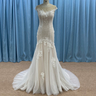 Elegant Sheer Neck Mermaid Wedding Dress with Cap Sleeve for Bride - Rosymae