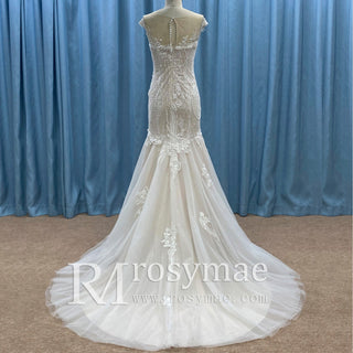 Elegant Sheer Neck Mermaid Wedding Dress with Cap Sleeve for Bride - Rosymae