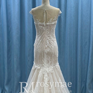 Elegant Sheer Neck Mermaid Wedding Dress with Cap Sleeve for Bride - Rosymae