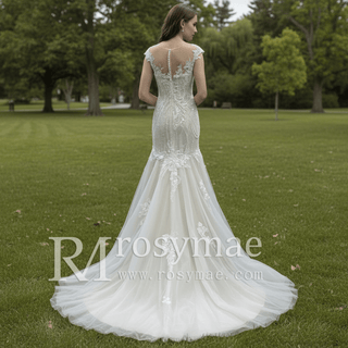 Elegant Sheer Neck Mermaid Wedding Dress with Cap Sleeve for Bride - Rosymae