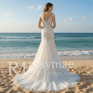 Elegant Sheer Neck Mermaid Wedding Dress with Cap Sleeve for Bride - Rosymae
