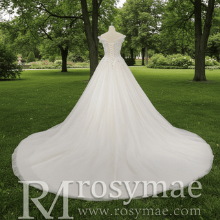Elegant Shiny Tulle Princess Wedding Dress with Lace Applique - Rosymae