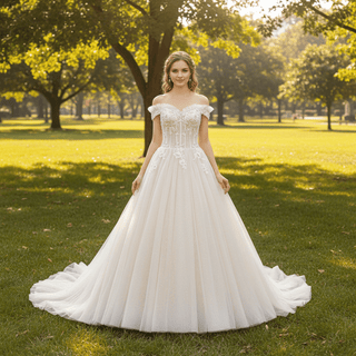 Elegant Shiny Tulle Princess Wedding Dress with Lace Applique - Rosymae