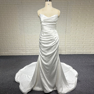 Elegant Simple Pleated Satin Mermaid Wedding Dress with Vneck - Rosymae