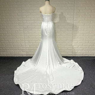 Elegant Simple Pleated Satin Mermaid Wedding Dress with Vneck - Rosymae