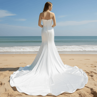 Elegant Simple Pleated Satin Mermaid Wedding Dress with Vneck - Rosymae