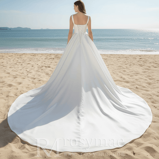 Elegant Simple Square-neck Satin A-line Wedding Dress with Wide Straps - Rosymae