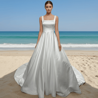Elegant Simple Square-neck Satin A-line Wedding Dress with Wide Straps - Rosymae