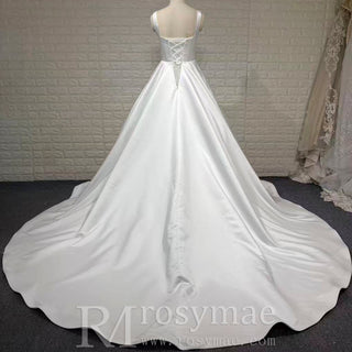 Elegant Simple Square-neck Satin A-line Wedding Dress with Wide Straps - Rosymae
