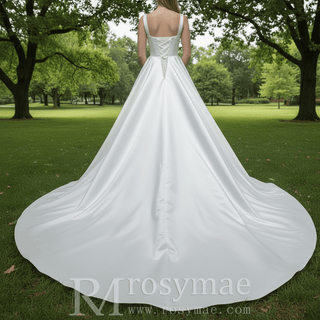 Elegant Simple Square-neck Satin A-line Wedding Dress with Wide Straps - Rosymae