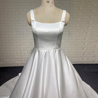 Elegant Simple Square-neck Satin A-line Wedding Dress with Wide Straps - Rosymae
