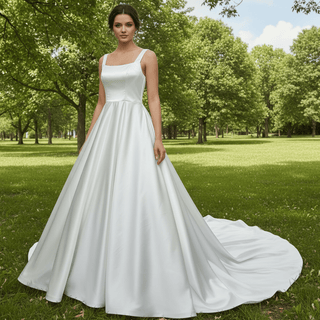 Elegant Simple Square-neck Satin A-line Wedding Dress with Wide Straps - Rosymae