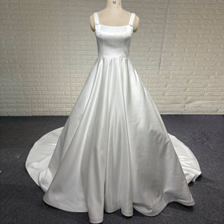 Elegant Simple Square-neck Satin A-line Wedding Dress with Wide Straps - Rosymae